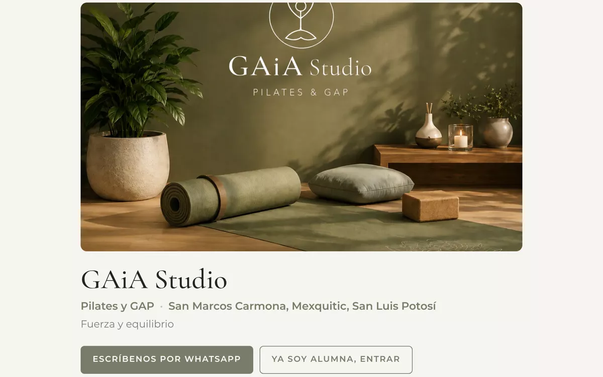 Página pública del estudio GAiA con horarios y clases