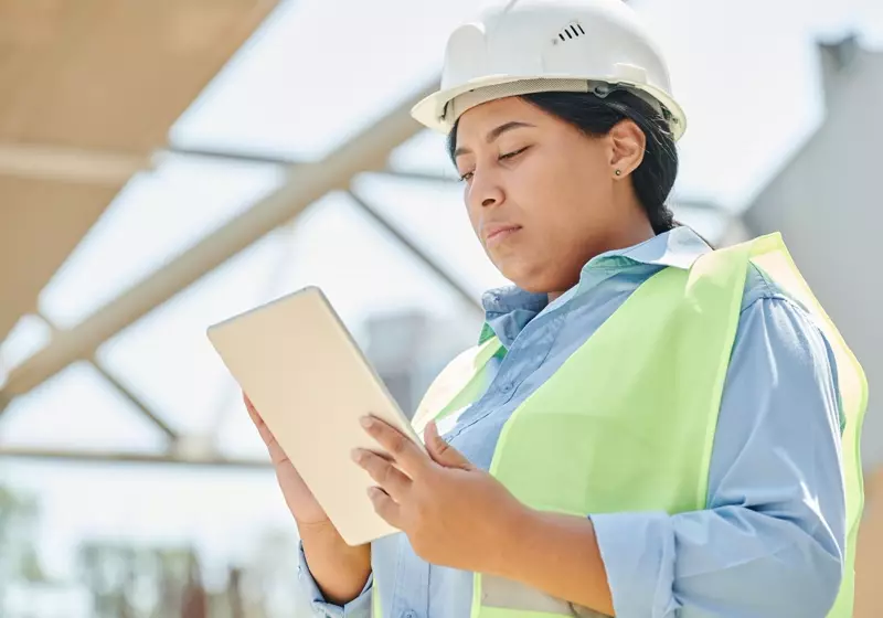 Ingeniera de obra revisando información en una tableta